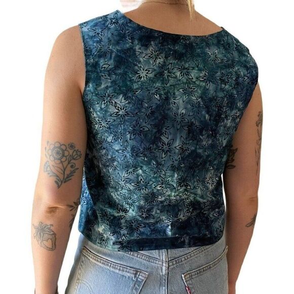 Vintage Handmade Womens Blue Floral Scoop Neck Cropped Cotton Tank Top Sz M - Picture 4 of 5